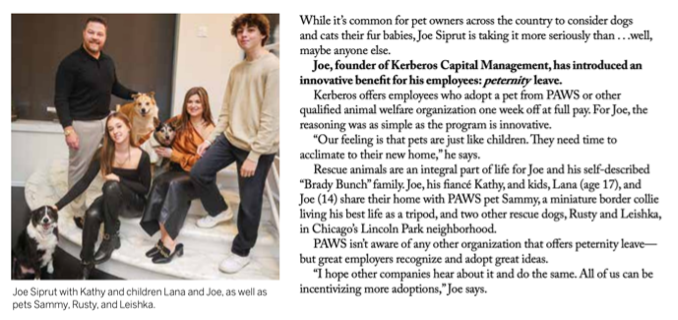 Kerberos' unique 'peternity' policy highlighted in PAWS Chicago Summer Magazine